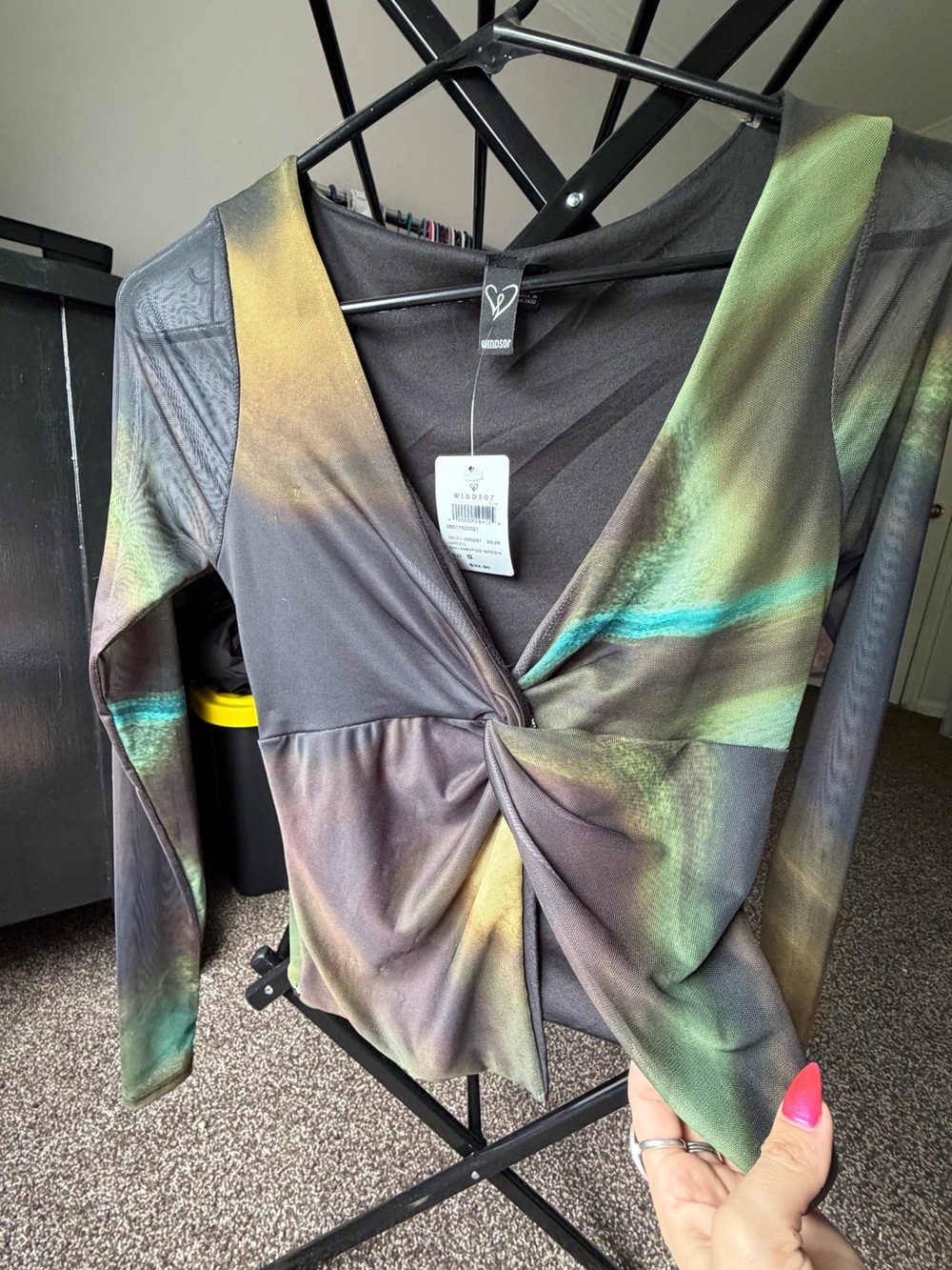 Windsor Twist-Front Long Sleeve Mesh Top in Black with Green & Gold Accents